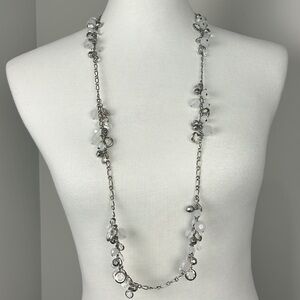 Gray Clear Silver Tone Chain Beaded Long Length Pull Over Necklace Neutral OS